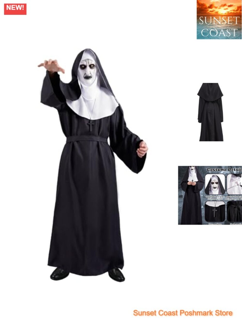 Halloween Nun Costume Set Women Scary Mask Priest Cosplay Adult 5 Piece